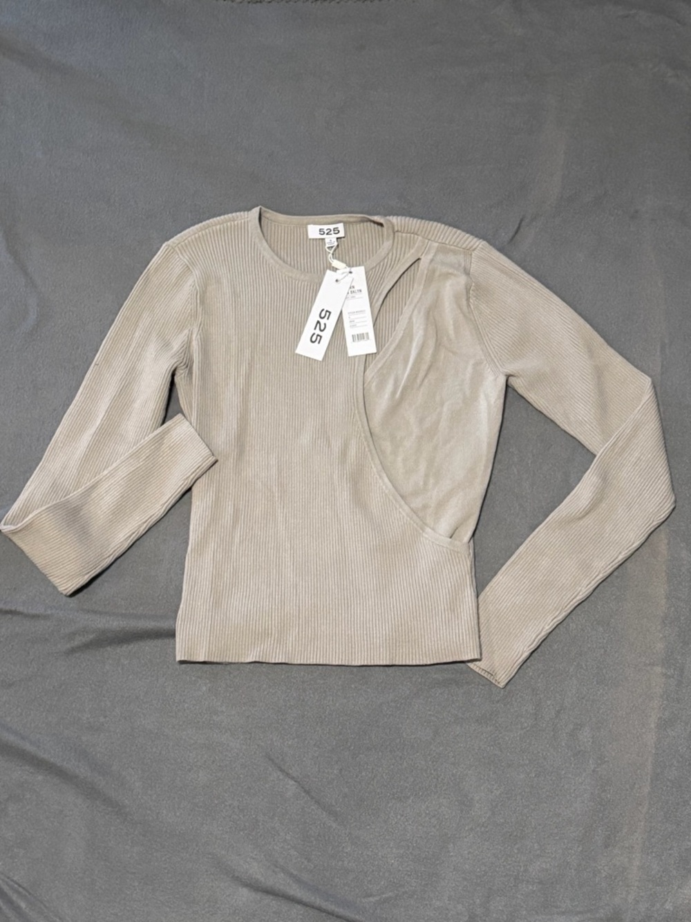 525 America NWT Ribbed Asymmetric Layered Cutout Long-Sleeve Top Gray